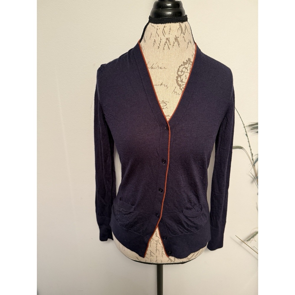 Loro Piana Navy Blue Contrast Detail Virgin Wool Button Front Cardigan